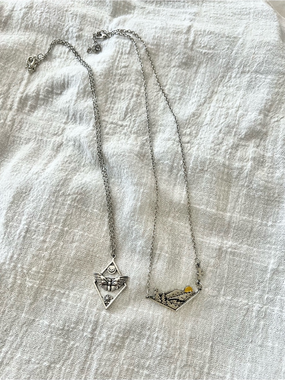 Sterling Silver Tone Moon & Bee Pendant Necklace - Silver Set of Two